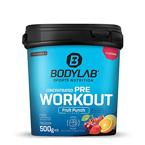 Bodylab24 Concentrated Pre Workout Fruchtmix 500g, enthält unter anderem Kreatin, Beta-Alanin, Arginin, Niacin und Koffein, bewährte All-In-One-Formel fürs Training