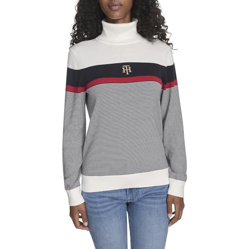 Tommy Hilfiger Langärmeliger Rollkragenpullover für Damen, Baumwolle, leicht, Elfenbeinfarben mit mehrfarbigen, Mittel