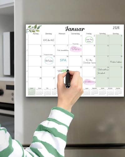 Qupuce Magnet Kalender kühlschrank 2026 32 x 22 cm, Magnetischer Kalender von Jan.2026 bis Dez. 2026, Monatsplaner/Wandkalender Familienkalender für Zuhause oder Büro