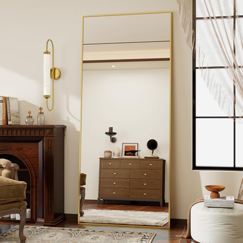 Koonmi 171 x 76 cm Standspiegel, robust Ganzkörperspiegel mit minimalistische schmaler Aluminiumrahmen, modern großer Wandspiegel stehend oder hängend für Wohnzimmer und Schlafzimmer, Gold
