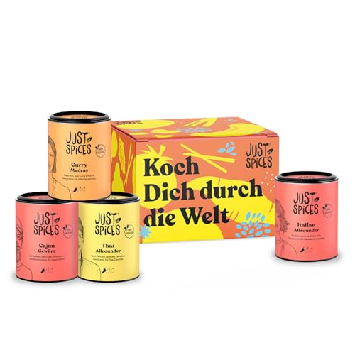 Just Spices Fernweh Geschenkbox I Geschenkset mit 4 Gewürzdosen I Für leckere Gerichte aus aller Welt I Geschenk für Reiseliebhaber