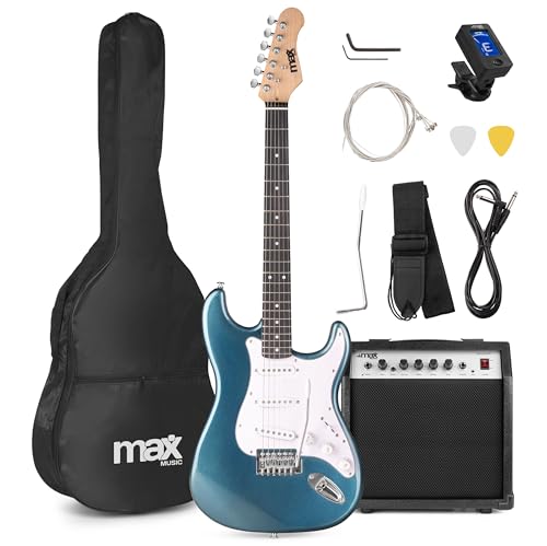 Max GigKit E Gitarre Set, E Guitar, Elektrogitarre mit Verstärker 40 Watt, Gitarrentasche, Plektrum, Gurt, Stimmgerät, Instrumentenkabel, Ersatzsaiten, 4/4 Electric Guitar, E Gitarren Set in Blau