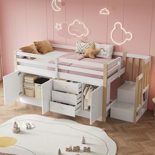 LAKFEW Etagenbett Kinderbett 90x200 cm, Einzelbett Holzbett mit Treppe, Schubladen und Stauraum, Hochbett Stauraumbett mit Rausfallschutz, Bett mit Lattenrost, ohne Matratze, Weiß