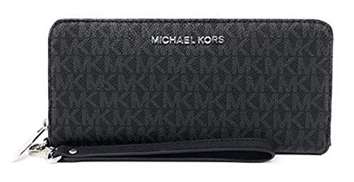 Michael Kors Jet Set Travel Continental Zip Around Leather Wallet Wristlet (Black PVC/ Silver Hardware)