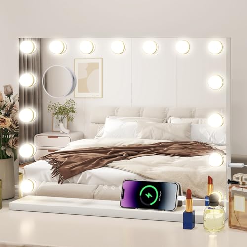 YU YUSING Hollywood Schminkspiegel mit Beleuchtung 58x45cm, 15 LED Licht Dimmbar Kosmetikspiegel 3 Modi, Vanity Spiegel Tischspiegel Wandspiegel mit USB 10X Vergrößerung für Schlafzimmer Schminktisch