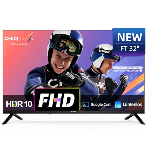 CHIQ 32 Zoll (81 cm) Smart TV, Full HD, HDR10, TV mit WLAN, Triple Tuner DVB-C/T2/S2, Dolby Audio & dbx-tv, Google Home, Prime Video, Chromecast, Rahmenloses Metalldesign, LF32FT
