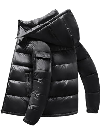 heekpek Herren Winterjacke Outdoor Steppjacke Herren Parka Jacken Männer Warme Winddicht Wasserdicht Puffer wintermantel mit Kapuze, Glänzendes Schwarz, XL