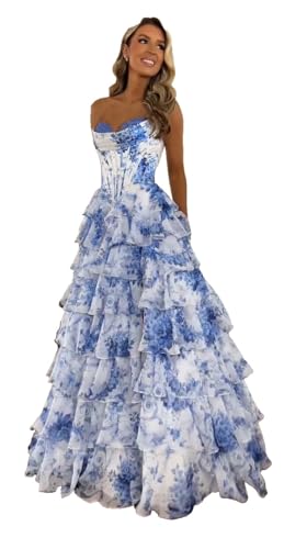 TräGerloses Korsett-Ballkleid FüR Frauen Lang A-LinieB allkleid Aus Chiffon Gestuftes Abendkleid Mit Schlitz Blue White M