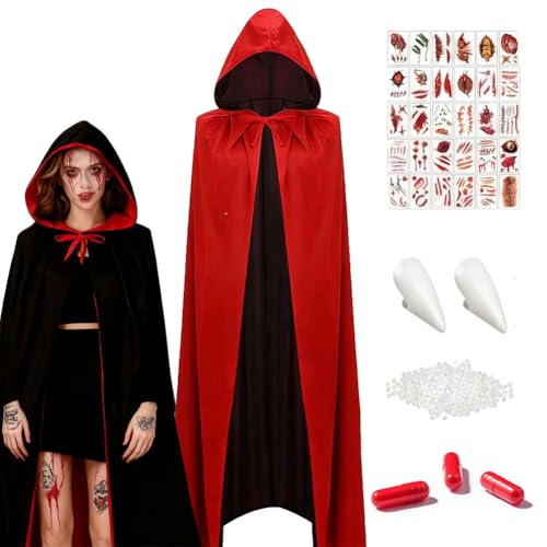 Vampir KostüM, Vampir Umhang, Mit TemporäRen Tattoos VampirzäHne & Kunstblut, Beidseitig Rot Schwarz Umhang Mit Kapuze 140cm Unisex Umhang FüR Halloween KostüM Fasching & Karneval FüR Erwachsene