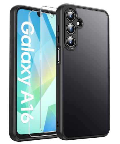 FLLAO Matt Handyhülle für Samsung Galaxy A16 5G Hülle und 2 Schutzfolie, mit Kameraschutz [Militärnorm Schutz] urchscheinende PC Rückseite TPU Bumper Hülle für Samsung Galaxy A16 - Schwarz