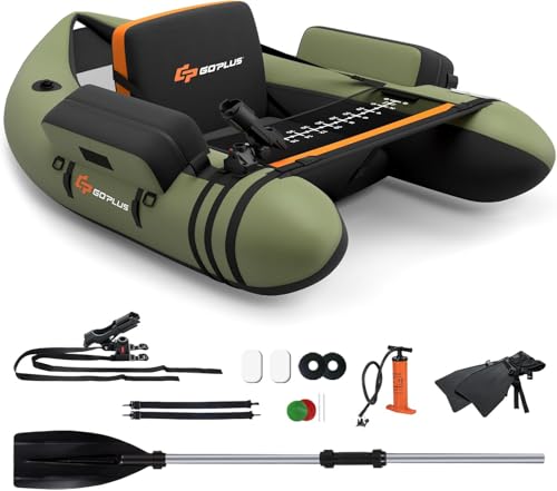 FANTASK Aufbelasbares Schlauchboot, Fischerboot mit Pumpe, Paddel, Gurte, Bellyboat Paddelboot für Erwachsene, 150 kg Belastbar, 135 x 109 x 54cm (Grün)