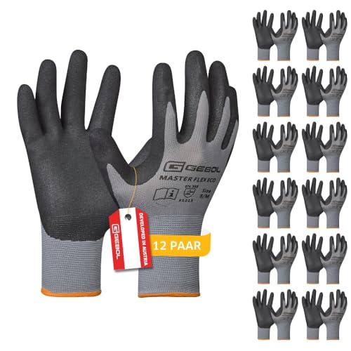 Gebol Master Flex Eco, 12 Paar Arbeitshandschuhe für Werkstatt & Garten, atmungsaktive Nitrilhandschuhe für Herren mit Schutz vor Öl & Nässe, L (Gr. 9)