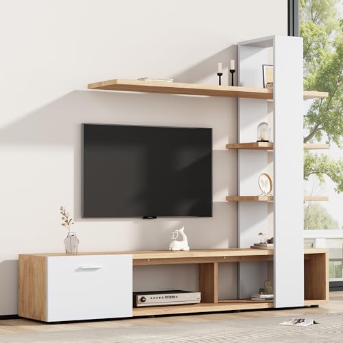Merax Wohnwand Wohnzimmer, Wohnzimmer Möbel Set, 1x TV Lowboard, Dreischichtiges Wandregal, Wohnzimmermöbel Komplett, Elegante Schrankwand, Mediawand, Viel Stauraum, für 60 Zoll TVs, Weiß & Holzfarbe