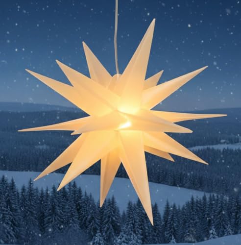 GURU SHOP 3D Außenstern Kaspar, Weihnachtsstern, Faltstern mit 18 Spitzen Incl. 7 m Kabel & LED Leuchtmittel - Ø 55 cm Trafo Weiß