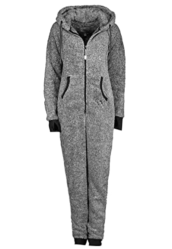 Eight 2 Nine Damen Teddyfleece Jumpsuit mit Kapuze und Öhrchen, Flauschiger Overall mit Daumenlöchern, kuschelig bequemer One-Piece für entspannte Stunden, schwarz, grau, rosa XS-XL Dark-Grey L/XL