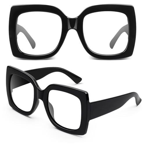 GQUEEN Übergroße Fake Brille Ohne Stärke Damen Herren Dicker Großer Eckenrahmen Retro Mode Klare Gläser UV400,Schwarz