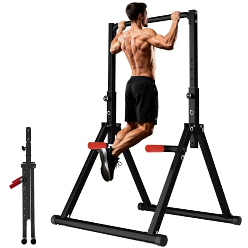 DOBESTS Faltbar Power Tower Dip Station Klimmzugstange Freistehend Höhenverstellbar Multifunktional Fitness Trainingsgerät für Klimmzugstange Liegestütze Abdominal, Dreiecksstruktur (011，black)