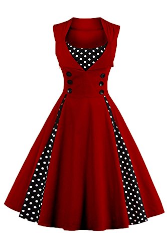Axoe Damen 50er Jahre Cocktailkleid Rockabilly Elegantes Faltenrock Festliches Partykleider Vintage Kleid Audrey Hepburn Abendkleider mit Polka Dots Knielang, Weinrot, 4XL (50 EU)