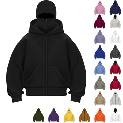 Generisch Zip Hoodie Herren Damen Einfarbig Kapuzenpullover Warm Mit Sturmhaube Casual Reißverschluss Und Tasche Lockeres Sweatjacke Y2K Tops Fleece Winddichte Motor Fahrrad Kapuzenjacke Schwarz S