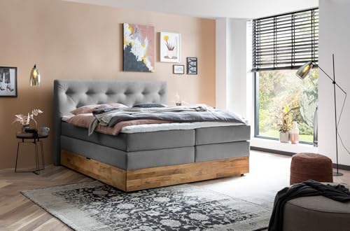 Belanoti MARBO Boxspringbett 180x200 mit Bettkasten 7-Zonen Taschenfederkern Matratze inklusive Visco Topper Bett 180x200 Eiche in der Farbe Anthrazit H2/H3 Polsterbett mit Massivholz Eiche