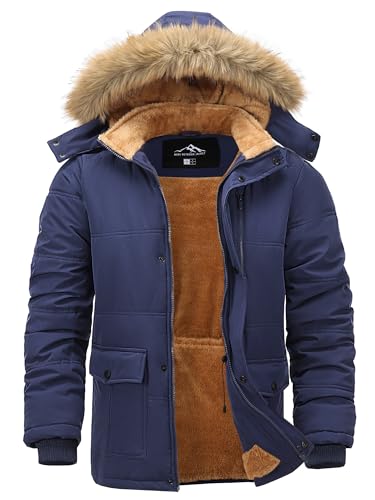 Peakwell Winterparka Warm Winterjacke Wasserdichte Herrenjacke Thermol Wintermantel Outdoor Übergangsjacke Innenfleece mit Taschen, Marineblau, L