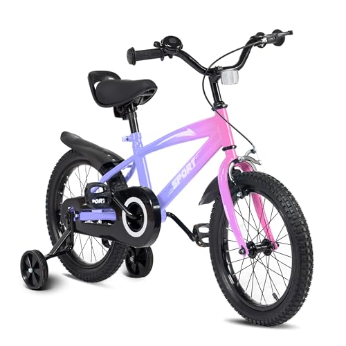 BODIOO Kinderfahrrad 14 Zoll, Fahrrad für Jungen und Mädchen mit Stützrädern, stabilem Rahmen, verstellbarem Sitz, Rücktritt- und Handbremse, geeignet für Fahrer von 94 bis 107 cm (Lila Farbverlauf)