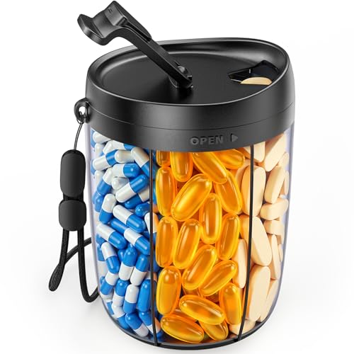 AUVON Tablettenbox 6 Fäche 7 Tage, Pillendose Rund mit Großen Separaten Fächern(5+1XL Fach), Tragbare Medikamentenbox Pillenbox für Unterwegs Vitamine, Fischöl, Medikamente, Nahrungsergänzungsmittel