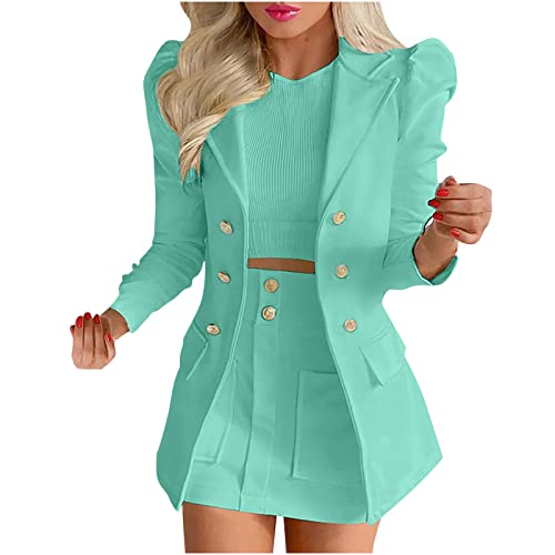 2025 Zweiteilig Damen Elegant Hochzeit 2 Teiliger Business Blazer mit Kurzem Anzug Rock Zweiteiler Elegant Anzug Set Langarm Kleine Sommer Leicht Blazerjacke Anzugjacke und A-Linie Rock Set