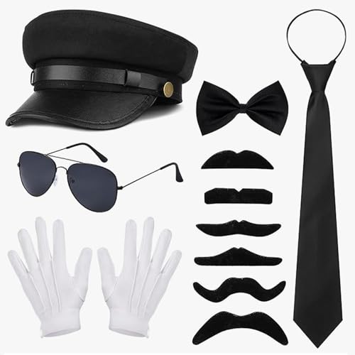 Raveparty 6 Stück Chauffeur Kostüm Zubehör, Chauffeur Mütze, 1980er Gangster Kostüm Zubehör für Karneval Halloween Fasching Cosplay (Style A)