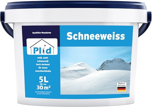 Plid® Schneeweiß Wandfarbe Weiß 5L für ca. 30 m² [HOHE DECKKRAFT] - Farbe Wand & Decken - Polarweiß geruchsarm - Innenfarbe - Hohe Abdeckung, Geruchsfrei, Schnell trocknend – Renovierung & Dekor