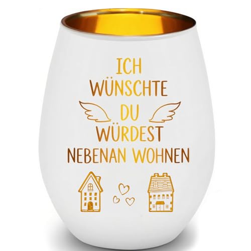 Geschenke für Frauen - Windlichter Glas mit Gravur, Beste Freundin Geschenke, als Valentinstag Weihnachten Jahrestag Geschenk für Sie Ihn, Ich wünschte du würdest nebenan wohnen