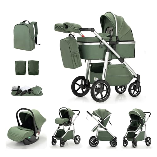 Kakbgee 3-in-1 Kinderwagen | Kombi-Kinderwagen mit Babyschale | Buggy mit Höhenverstellbarem Griff | Aluminium-Rahmen | Moskitonetz | für Neugeborene 0-4 Jahr
