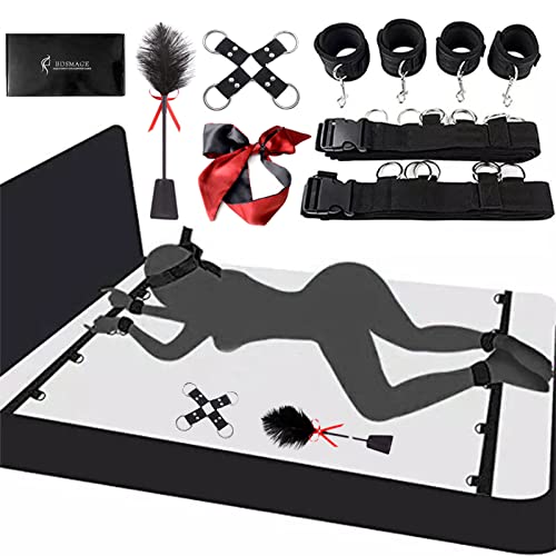 BDSMAGE BDSM set mit 9 Stück,SM Bett Sets,Straußenfeder Peitsche und Satin Augenmaske,Handschellen Fußfesseln,Kreuzschnalle, Fetisch Fesseln Sexspielzeug extrem Fessel-Set am Bett für Paare