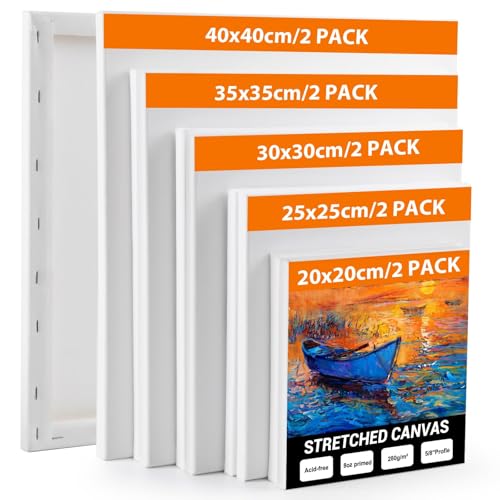 Koncci Leinwand zum Bemalen, 10 Stück Keilrahmen Leinwand Set (40x40 35x35 30x30 25x25 20x20cm), Weiße Leinwände zum bemalen für Acrylfarben Ölgemälde, Canvas für Anfänger und Künstler