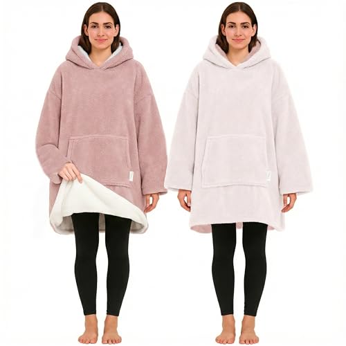 CalmyLIFE Hoodie Decke mit Ärmeln - Sherpa Wende Deckenpullover Oversize Kuscheldecke zum anziehen Kuschelponcho für Damen Herren XXL Poncho Blanket Pullover (Altrose/Weiss)