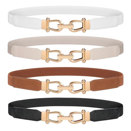 JasGood 4 Stück Skinny Elastischer Taillengürtel - Dünner Damen Vintage Mode Dehnbarer Stretch Gürtel Mit Goldener Schnalle