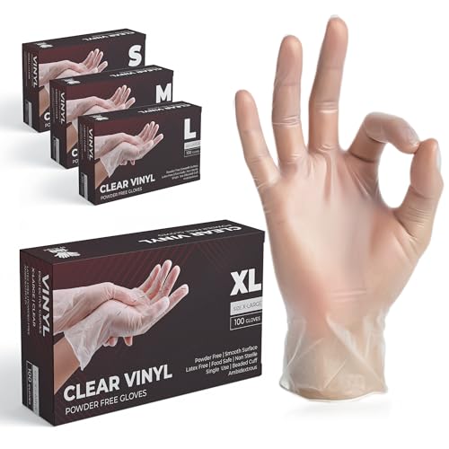 The Real Touch Einweghandschuhe, Transparente Vinylhandschuhe - Box mit 100 Stück, Einmalhandschuhe Puderfrei und Latexfrei, Vinyl Handschuhe Einweg für Küche, Reinigung und Lebensmittel (XL)