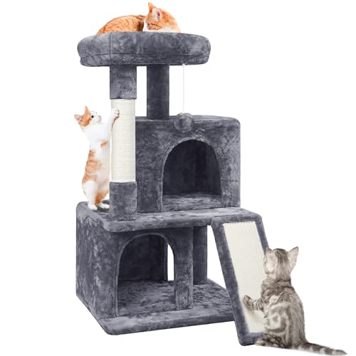 Yaheetech Kratzbaum, Stabiler Katzenbaum 91 cm Katzenkratzbaum, mit 2 Häuschen Sisal und Spielball, Spielbaum für Katzen, Dunkelgrau