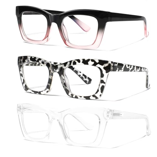 ZOECENT 3 Pack Lesebrille Damen Blaulichtfilter Brille Federscharniere Computer Brillen übergroße Quadratische Lesebrillen (3 Farbe-1, 3.00, x)