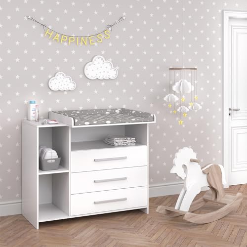Vicco Wickelkommode Oskar, Weiß, 113 x 100 cm mit 3 großen Schubladen