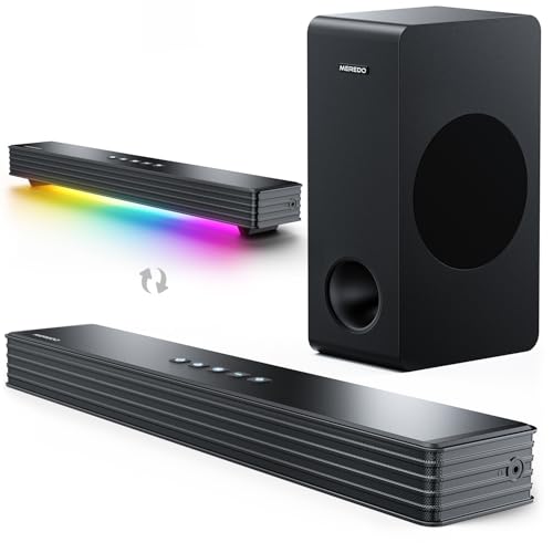 MEREDO Soundbar für TV Geräte mit Subwoofer 3.1 Kanal PC-Gaming Soundbar RGB Audio Sync Licht BT 5.3/HD-ARC/Optisch/AUX/USB TV Computer Lautsprecher für Desktop/Laptop Spielkonsolen Heimkino