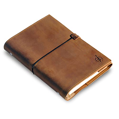 WANDERINGS A5 6-Ring Leder Planer/Nachfüllbarer Organizer – mit Innenfächern | Echtes Vollnarbenleder | 52-Wochen Undatierter Kalender | Geeignet für Filofax – 15 x 22 cm - Leather Binder