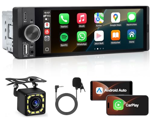 1 DIN Autoradio mit Wireless CarPlay & Android Auto, 6,36 Zoll Auto Radio mit Bildschirm, Rückfahrkamera, FM, Bluetooth, Freisprecheinrichtung, Aux-Eingang, Lenkradsteuerung, Equalizer, Mirror Link