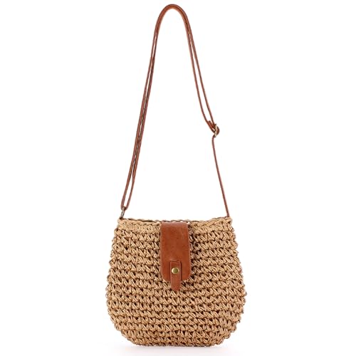 HTTDSLF Strohtasche für Frauen, Sommer Crossbody Tasche mit Reißverschluss, Gewebte Handgefertigte BöHmische Umhängetasche für Party, Strand, Damenreisen und Urlaub