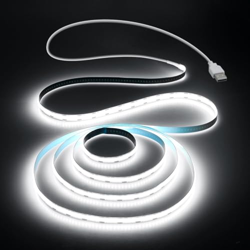 Aclorol COB LED Streifen Kaltweiß 1M 5V Hohe Dichte USB LED Streifen Durchgehendes Licht Selbstklebend Flexible Gleichmäßiges Lichtband Lauflicht 6000K Schrank Treppe Dekoration Küche