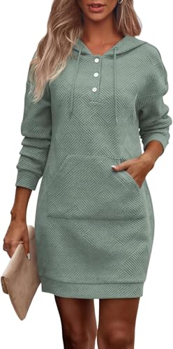 TrendiMax Damen Hoodie Kleid Herbst Übergangs Kapuzenpullover Sweatkleid Textur Knopf Langarm Sweatshirt Kleid mit Kapuze (S, Bohnengrün)