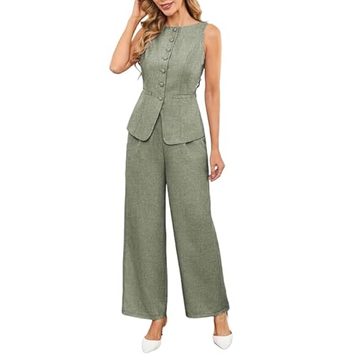 LCDIUDIU 2 Teiliges Business Anzug Set für Damen Im Büro, Khaki, Ärmellos, Rundhalsausschnitt, Knopfleiste Hinten, Blazer, Weste, Weite Hose, Co Ord Sets, Sommer, Schmal, Elegante Arbeitsoutfits,