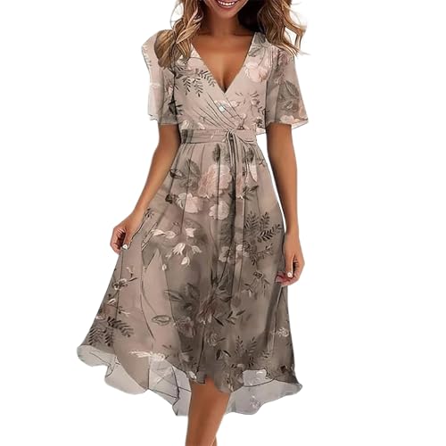 Nuaoxyeu Sommerkleid Boho Chiffon Strandkleid Damen 2025 Boho Lange Kleid Mit Gürtel Elegant V-Ausschnitt Sommerkleid Sommer Maxi Dress Blumenkleid Abendkleid Warehouse Deal Retourenware