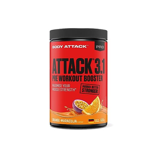 Body Attack Pre Workout Booster PRE ATTACK 3.0 I Muscle Pump Booster I CREAZ, ARGIZ & CitruSyn füllen die Muskel-Energiespeicher I Mehr Kraft, mehr Pump I 600g (Orange Maracuja)