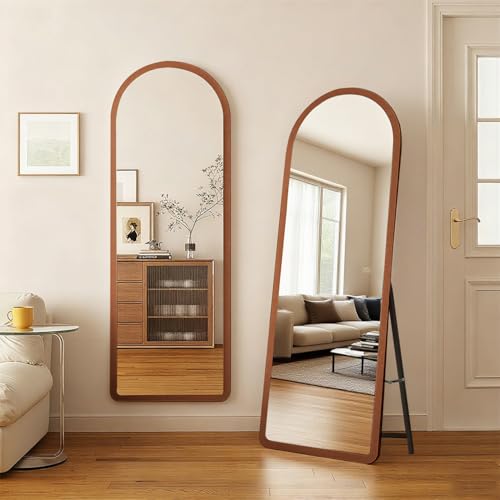 devesanter Bogen Ganzkörperspiegel 49×159 cm mit nussbaumfarben Sockel Standspiegel Groß Wandspiegel zum Stehen Anlehnen oder Hängen Bodenspiegel für Schlafzimmer Wohnzimmer Ankleide （nussbaumfarben
